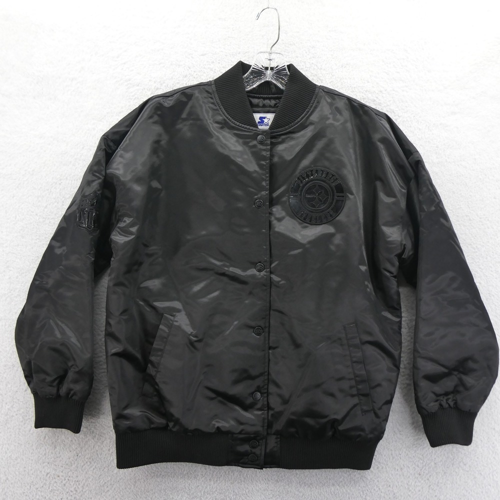 Starter Jacket Womens Medium Pittsburgh Steelers Black Satin Bomber Vintage Y2K